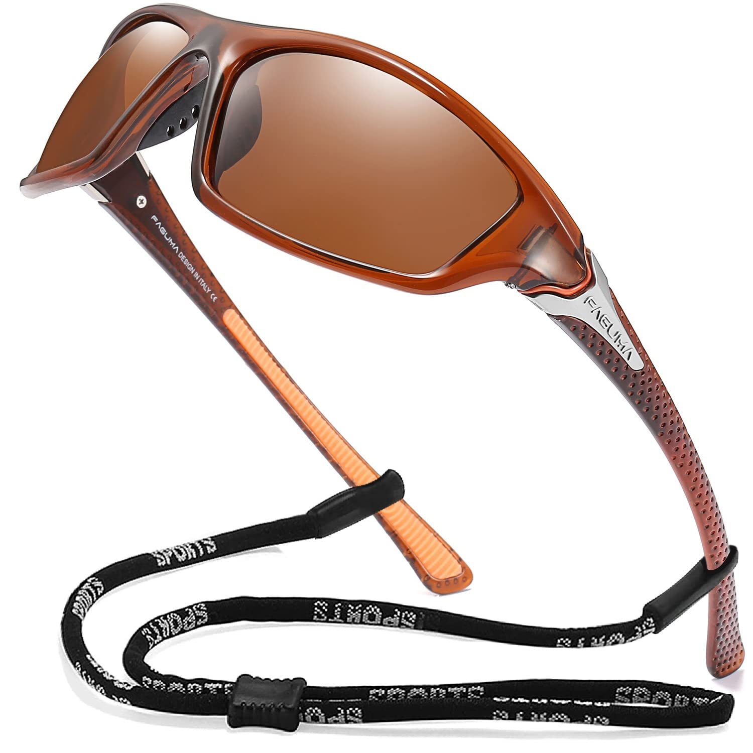 Buy now FAGUMA Sports Polarized Sunglasses For Men Cycling Driving Fishing UV400 Protection Brown Transparent Frame Brown Lens at indiglob india