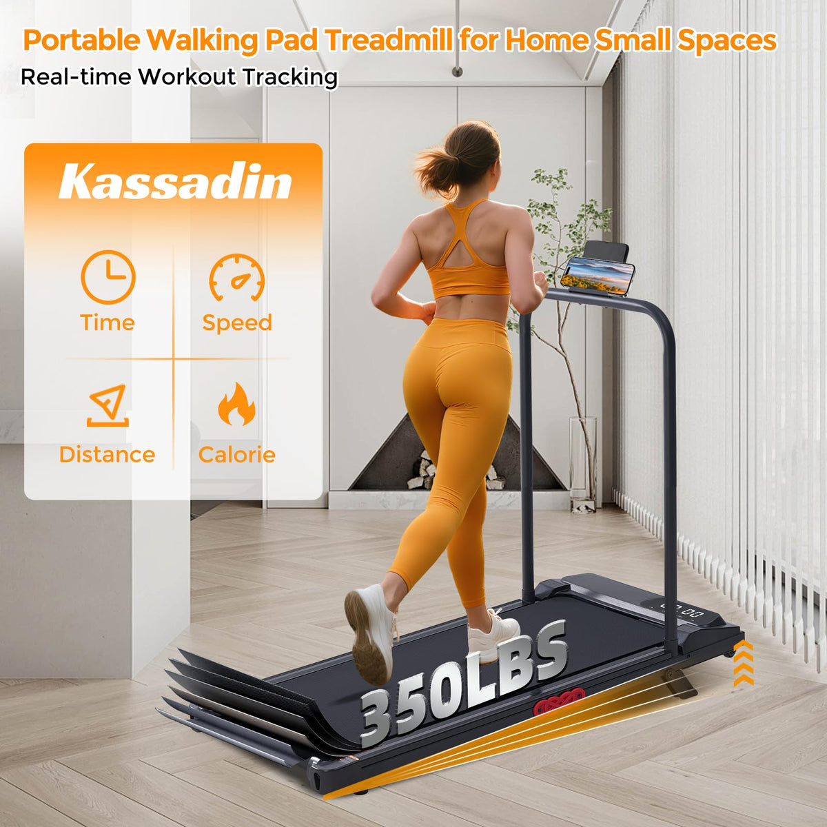KASSADIN Electric Walking Pad Treadmill with Handle Bar Incline for Home