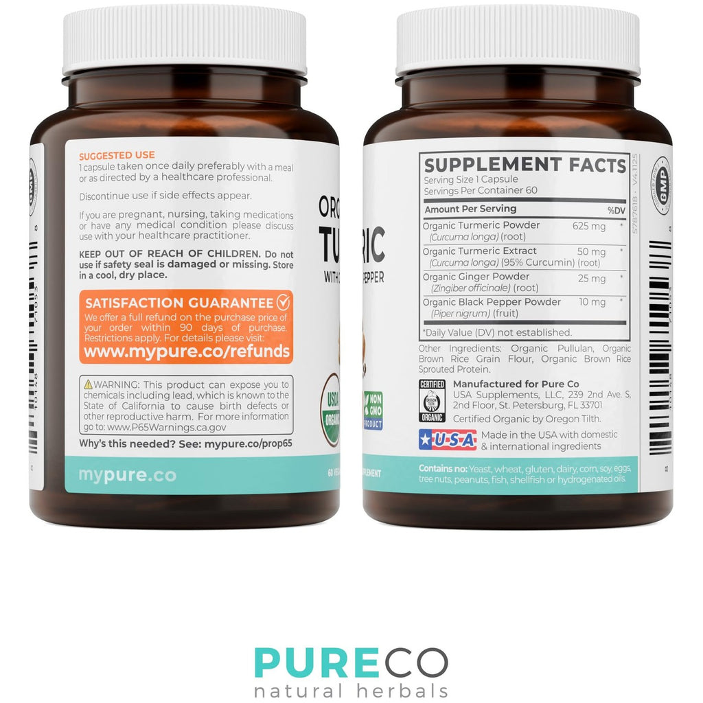 Organic Turmeric Ginger Black Pepper Supplement - High Potency Organic Turmeric Curcumin Capsules with Ginger & Black Pepper for Enhanced Benefits and Absorption - Vegan & Non-GMO (2 Month Supply)