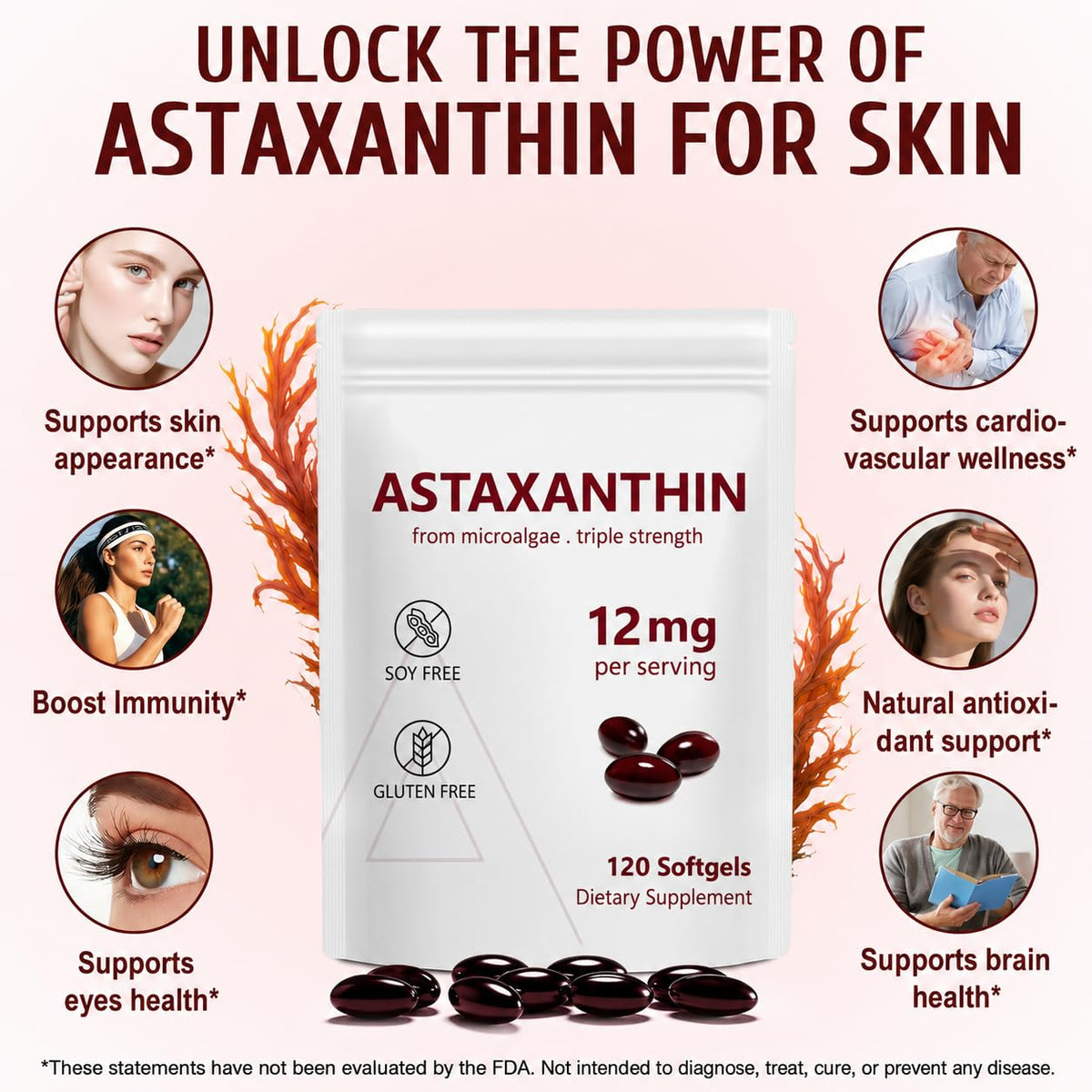 Astaxanthin 12mg, 120 Softgels, 4 Month Supply, Premium Astaxanthin Antioxidant Supplements with Antioxidant Activity, Supports Eye, Immune, Joint, Skin Health, Internal Circulation