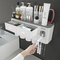Buy now iHave Toothbrush Holders for Bathrooms, 4 Cups Toothbrush Holder Wall Mounted with Toothpaste Dispenser - Large Capacity Tray, 2 Cosmetic Drawer - Bathroom Organizer & Bathroom Accessories Set 4 cup White at indiglob india