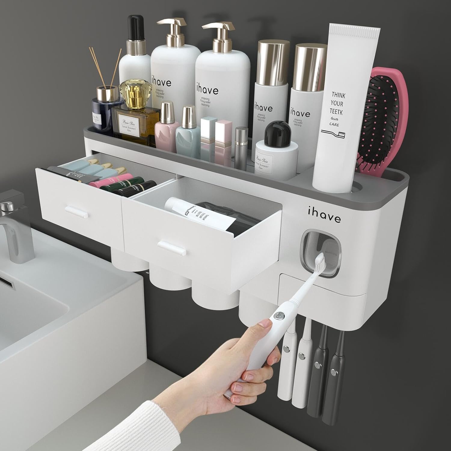 Buy now iHave Toothbrush Holders for Bathrooms, 4 Cups Toothbrush Holder Wall Mounted with Toothpaste Dispenser - Large Capacity Tray, 2 Cosmetic Drawer - Bathroom Organizer & Bathroom Accessories Set 4 cup White at indiglob india