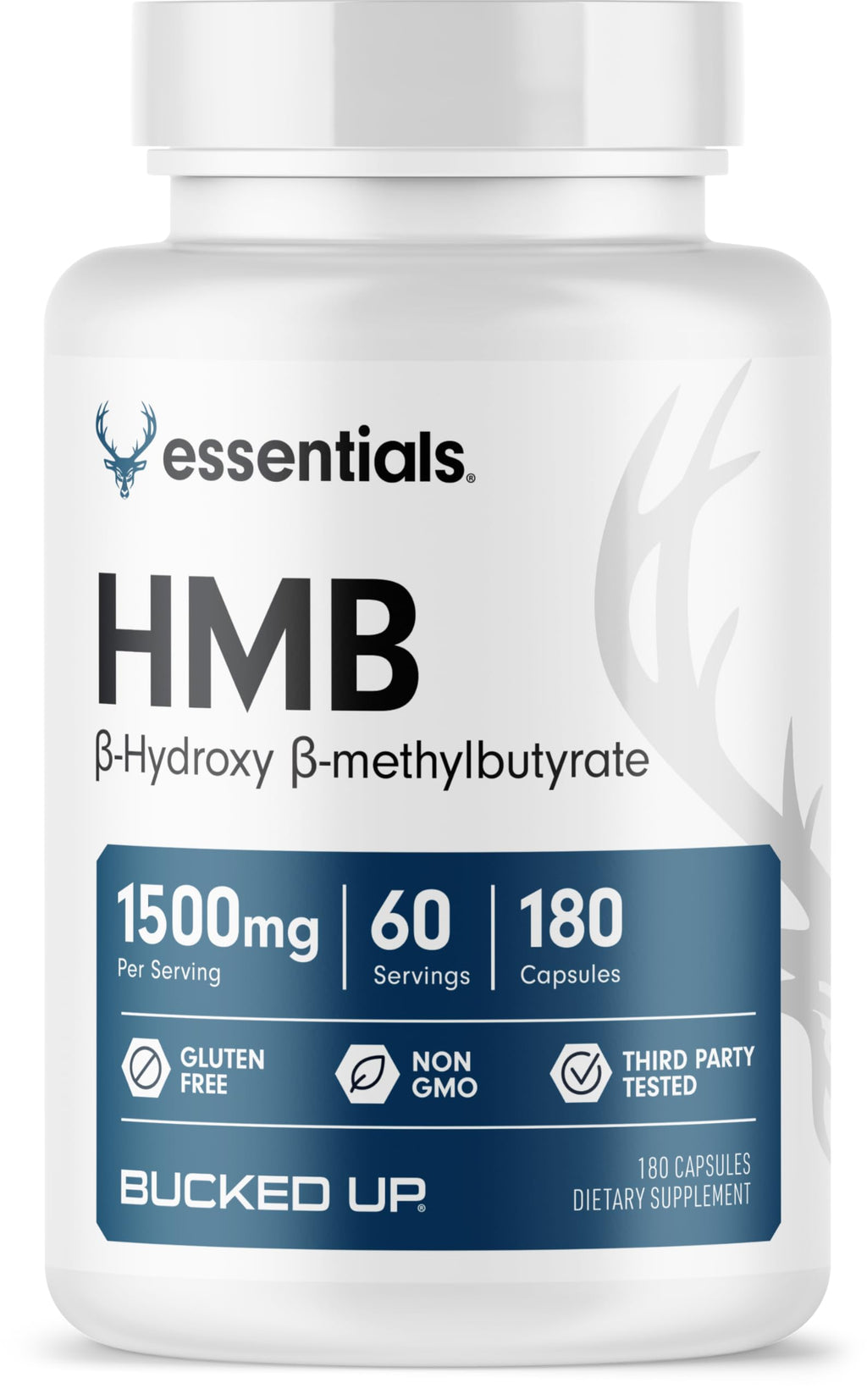 Bucked Up HMB (Beta-Hydroxy Beta-Methylbutyrate) 1500mg Per Serving, Essentials (60 Servings, 180 Capsules)
