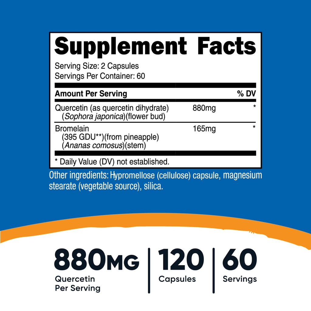 Nutricost Quercetin with Bromelain, 880mg Quercetin, 120 Capsules, 60 Serv | 880mg Quercetin + 165mg Bromelain Per Serving, 2 Capsules Per Serving, Vegetarian, GMO-Free & Gluten-Free