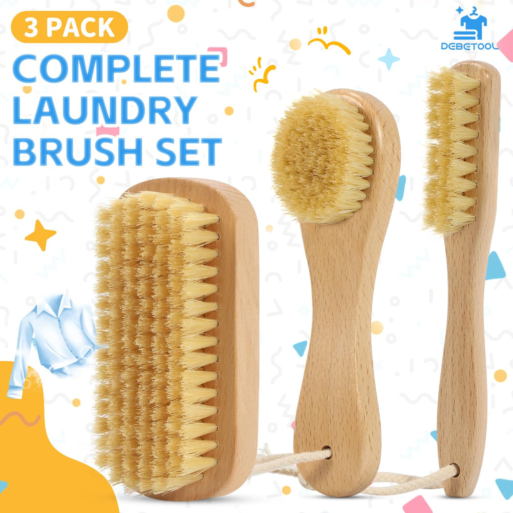 DEBETOOL 3-Piece Laundry Brush for Stains on Clothes, Gentle Boar Bristl