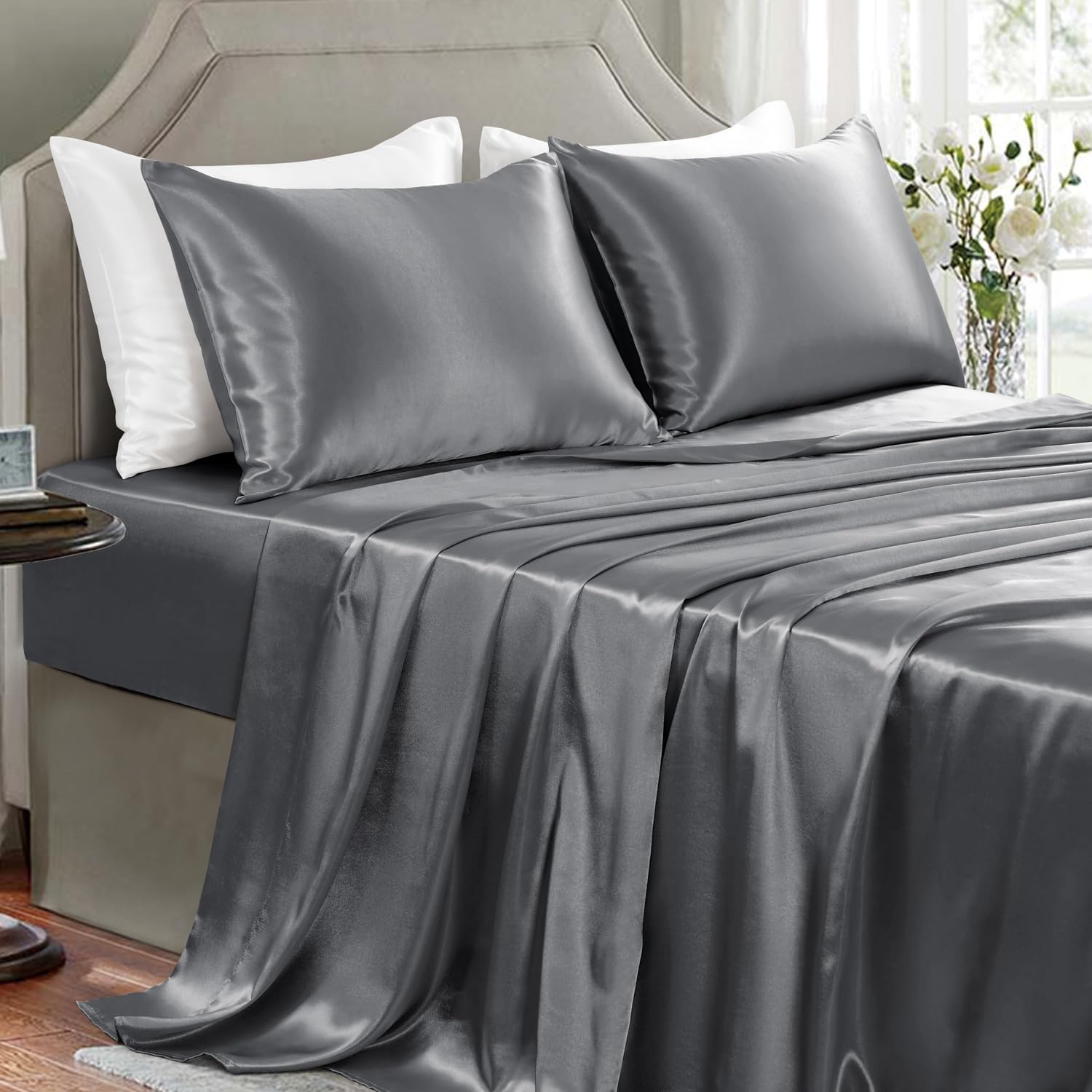 Buy now Satin Sheets King Size - 4 Pieces Luxury Silky Soft Bed Sheets, Wrinkle-Free Gold Satin Silk Sheet Set with 1 Deep Pocket Fitted Sheet, 1 Flat Sheet, 2 Pillow Cases Queen Dark Gray at indiglob india
