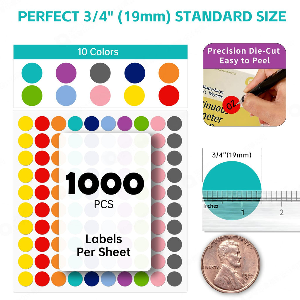 Dot Stickers Colorful Round, 1000PCS 3/4 Inch Color Coding Labels for Office, Classroom Decor, and Organizing,10 Assorted Colors Circle Sticker