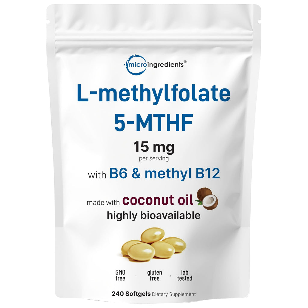 Micro Ingredients L Methylfolate 15mg, 240 Softgels | Active 5-MTHF with B6 & Methyl B12 | Methylated Vitamin B9 with Coconut Oil
