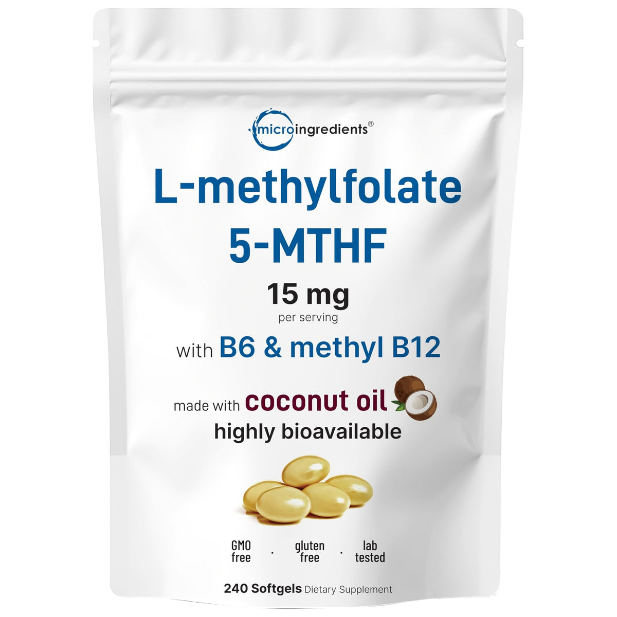 Micro Ingredients L Methylfolate 15mg, 240 Softgels | Active 5-MTHF with B6 & Methyl B12 | Methylated Vitamin B9 with Coconut Oil