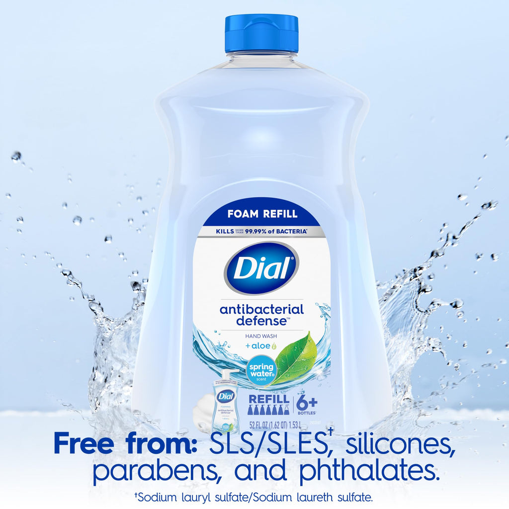 Dial Antibacterial Defense Foaming Hand Soap Refill, Spring Water, 52 Fl Oz | With aloe vera, dermatologist-tested, gentle on skin, free from parabens and SLS and SLES, moisturizing formula