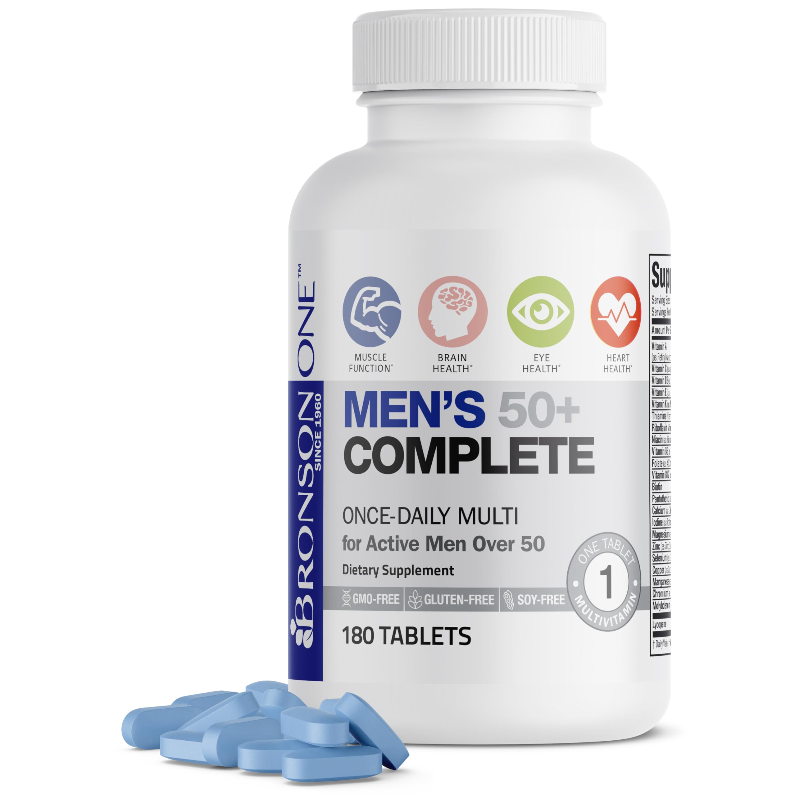 Bronson ONE Daily Mens 50+ Complete Multivitamin Multimineral, 180 Tablets | Once-Daily, Targeted Nutrition For Active Men Over 50, Non-GMO, Gluten-Free, Soy-Free