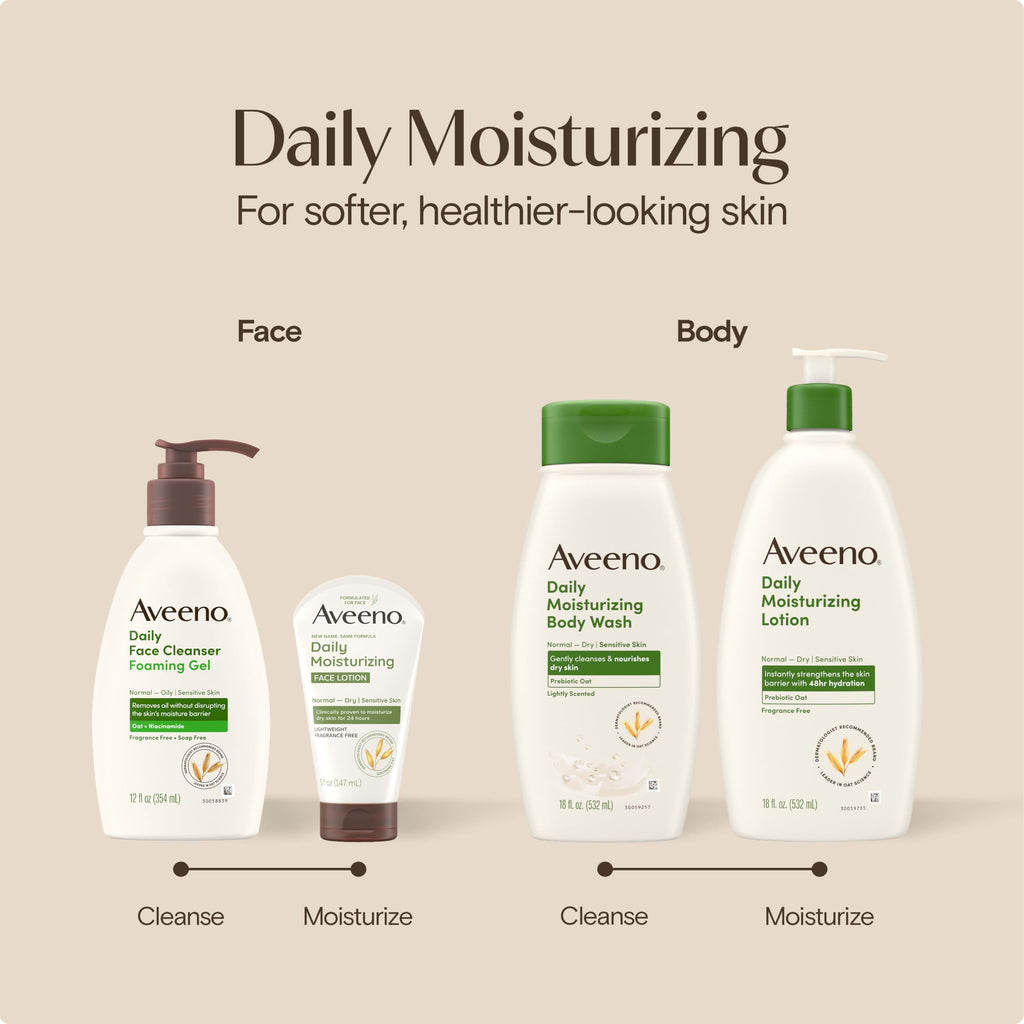 Aveeno Daily Moisturizing Face Lotion, Fragrance-Free, 5 oz | Soothing Prebiotic Oat, Lightweight Non-Greasy Facial Moisturizer, Normal to Dry, Sensitive Skin, 24-Hour Moisture