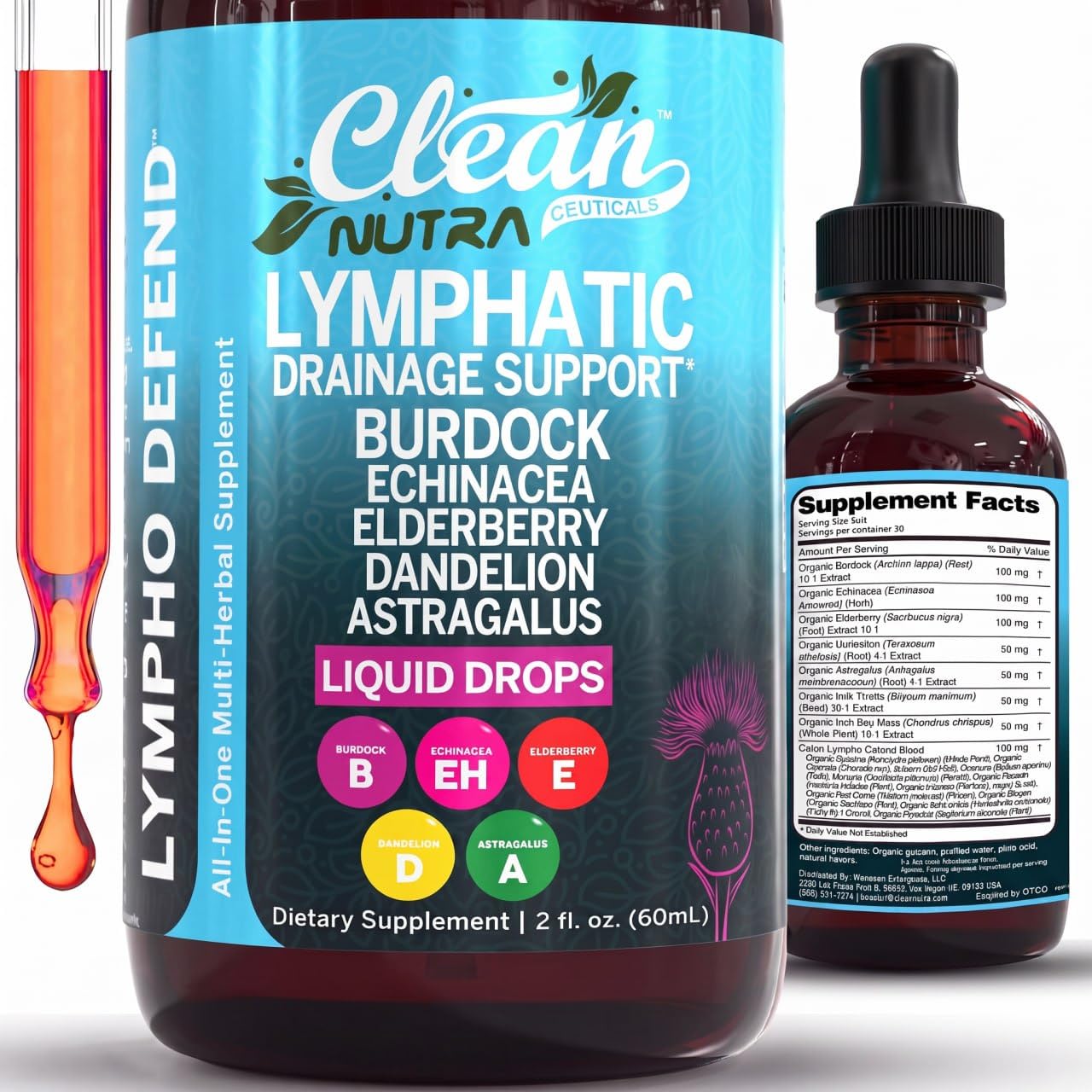 Lymphatic Drainage Drops - Organic Lymphatic Support Supplement with Burdock Root Echinacea Elderberry Dandelion Astragalus Milk Thistle Sea Moss Red Clover Marigold Drop by Clean Nutra