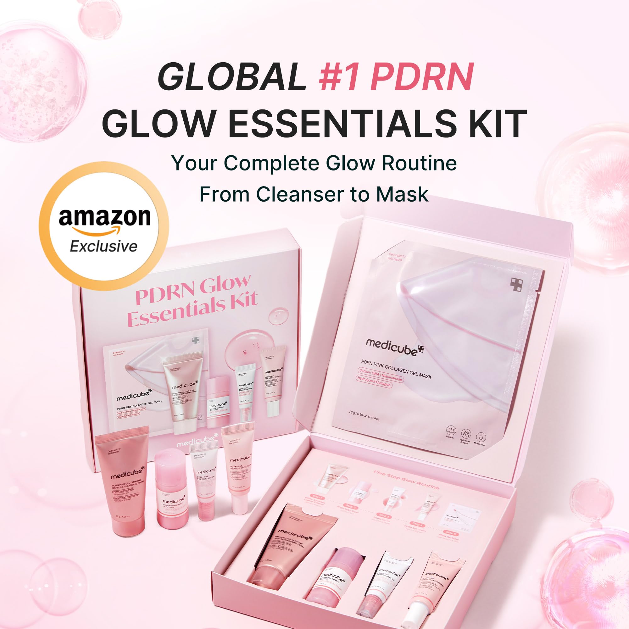 medicube PDRN Glow Essentials Kit, Mini Skincare Travel Set, 5-Step Routine