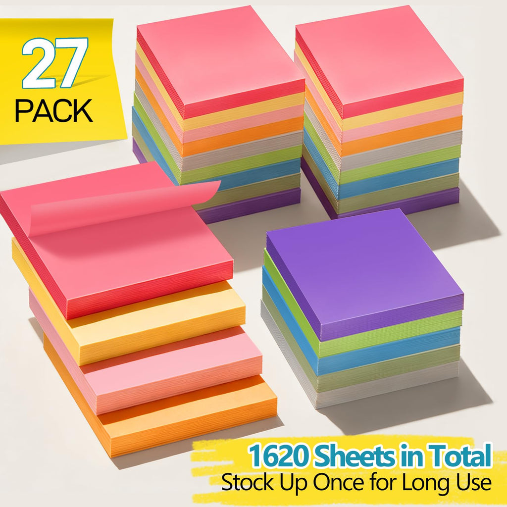 27 Pack of 3x3 Inch Sticky Notes Self-Stick Memo Pads - 1620 Sheets in Total! Great for Home, Office & School