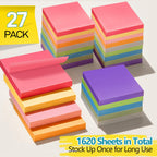 27 Pack of 3x3 Inch Sticky Notes Self-Stick Memo Pads - 1620 Sheets in Total! Great for Home, Office & School