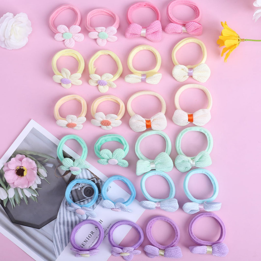 24 Pcs Toddler Hair Ties for Girls, Baby Hair Tie Cute Flower Elastic Scrunchies, Seamless Ponytail Holders, Little Girls Hair Accessories for Thick Hair, Pink, Purple, Blue