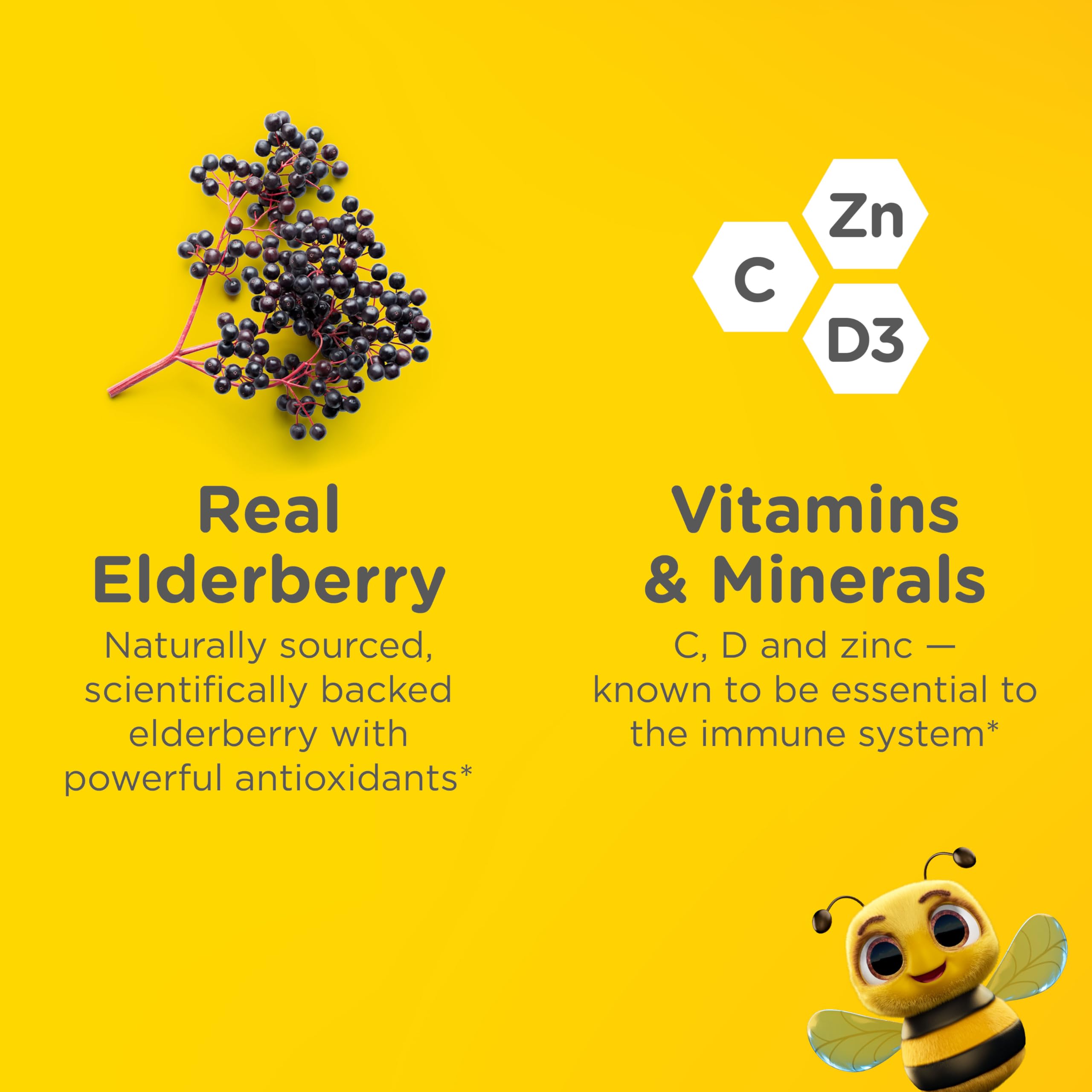 Zarbee's Kids Elderberry Immune Support Gummies, No Sugar Coating, 60 ct | For Ages 2+ Years, No Sugar Coating, Vitamins C D3 & Zinc, Elderberry, Supports Healthy Immune System, No Artificial Flavors