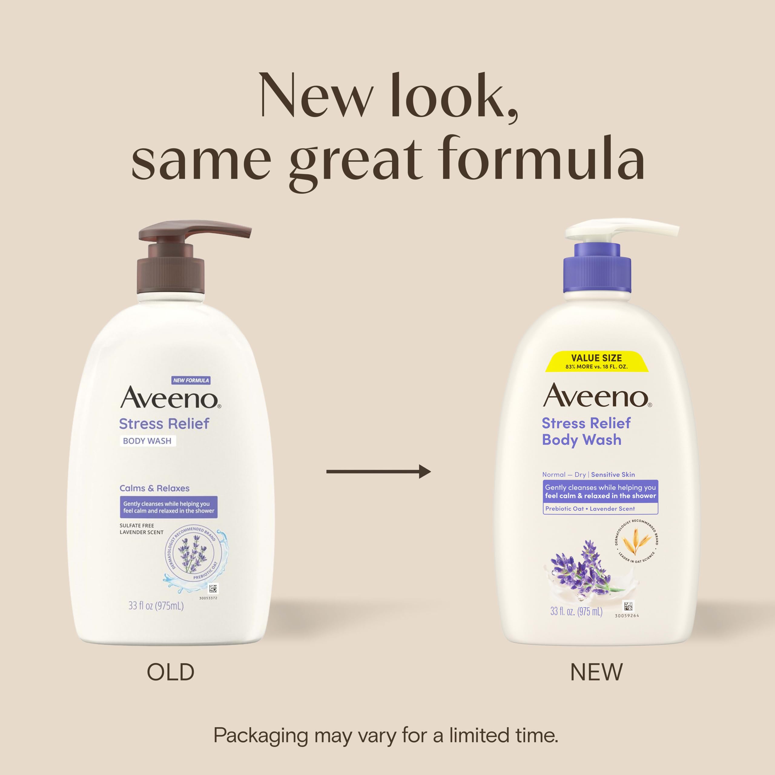 Aveeno Stress Relief Body Wash, Lavender Scent with Nourishing Prebiotic Oat, Sensitive Skin Body Wash for Normal to Dry Skin, Paraben-, Dye-, and Soap-Free, Value Size 33 Fl Oz