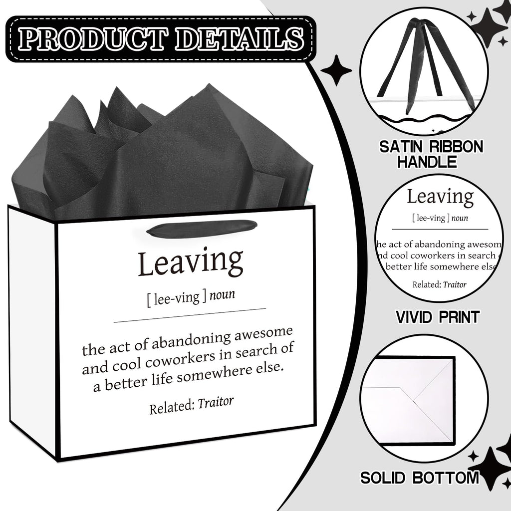 Funny Going Away Gift Bag Black White Farewell Goodbye Christmas Gift Bag with Wrapping Paper Card Sticker Envelope for Coworkers Leaving Gifts Retirement Good Luck We Will Miss You Presents Favors