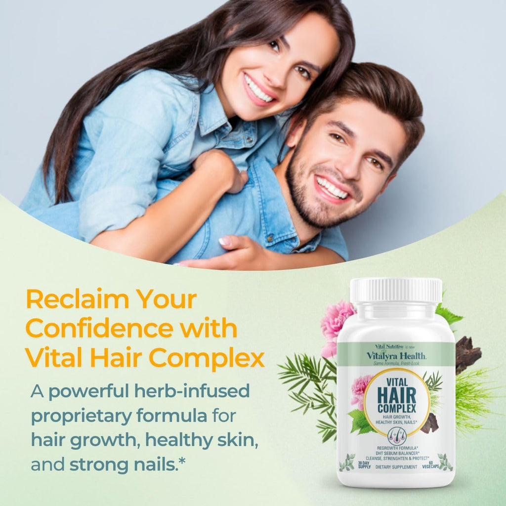 VITAL NUTRITIVE Biotin Hair Growth Vitamins - Hair, Skin & Nails Supplement | Biotin&Vitamin B Complex Blend, Thicker, Stronger Hair, Skin and Nails, Hormone Free, Gluten Free, Non-GMO, 60 Count