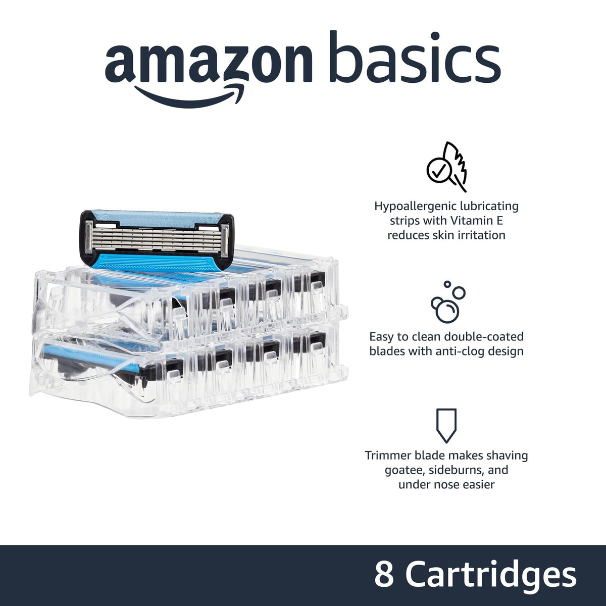 Amazon Basics 5-Blade MotionSphere Razor Blade Refills for Men's Shave, with Dual Lubrication and Precision Beard Trimmer, 8 Cartridges (Fits Amazon Basics Razor Handles only) (Previously Solimo)
