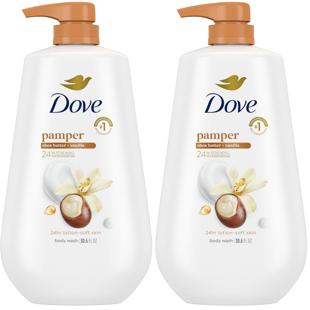 Dove Body Wash Pamper Shea Butter & Vanilla 30.6 oz Pump, Sulfate Free | Dove Shea Butter & Vanilla Body Wash nourishes skin for 24 hours with MicroMoisture technology and warm vanilla scent.