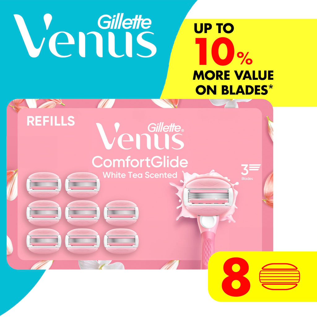 Venus ComfortGlide White Tea Women's Razor Blades, with Built-in Shave Gel Bars, 8 Razor Blade Refills