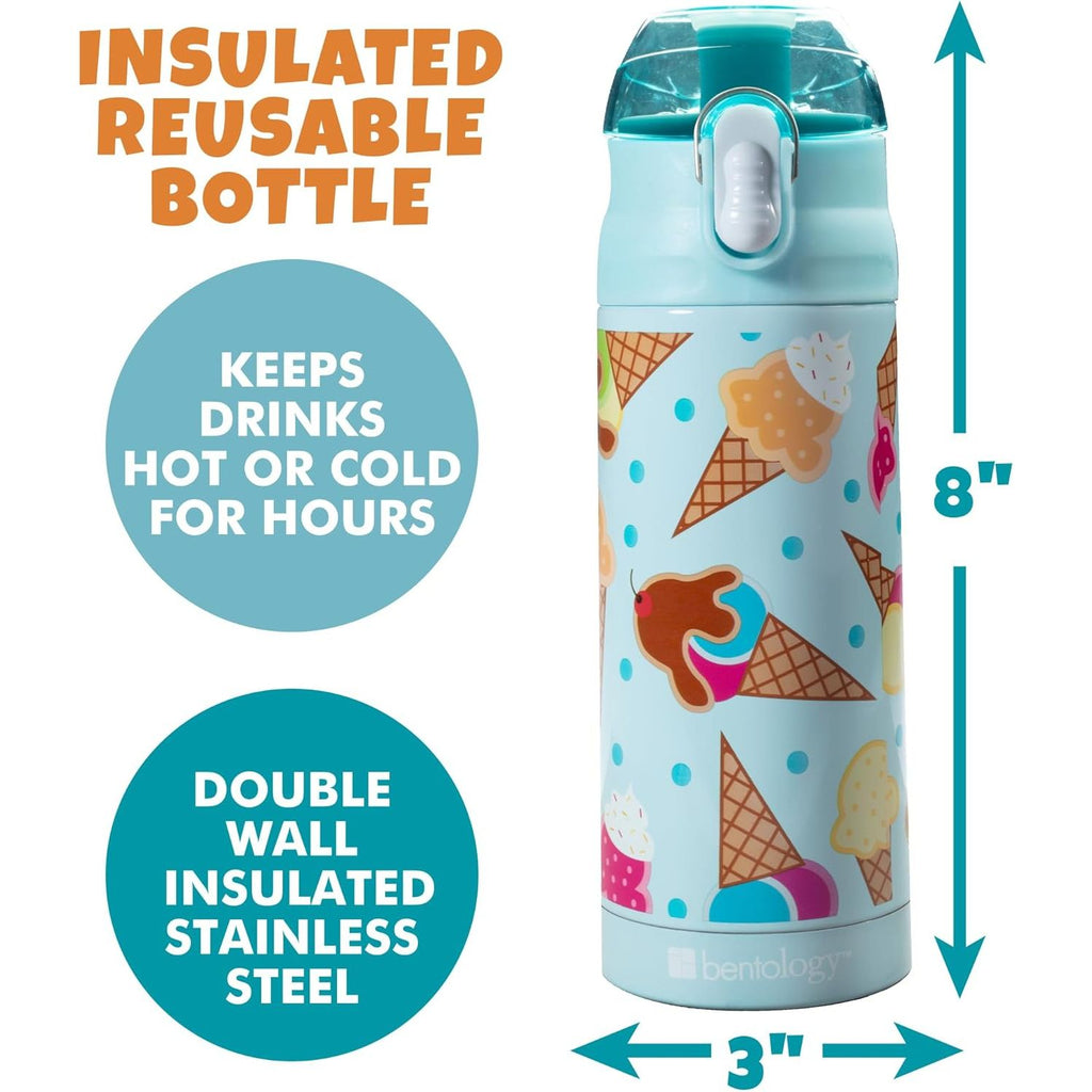 Buy now Bentology Stainless Steel 13 oz Reusable Water Bottle for Kids, Ice Cream - Double Wall Insulated, Spill Proof Lid w/Built-in Straw- Keep Liquids Hot or Cold For Hours- Fits in Lunch Boxes & Bags at indiglob india