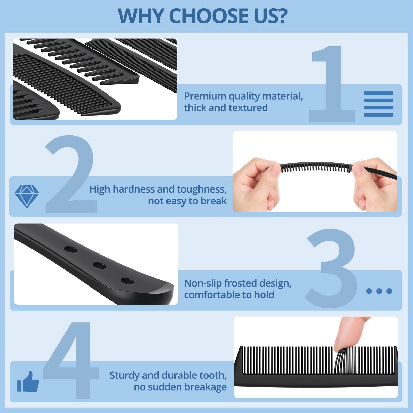 Kolavia 6 PCS Hair Comb Set Black, Durable Wide and Fine Tooth Rat Tail Hair Barber Comb for Women & Man, Professional Combs for Wet Curly Natural Hair Detangling Parting Teasing Styling & Cutting