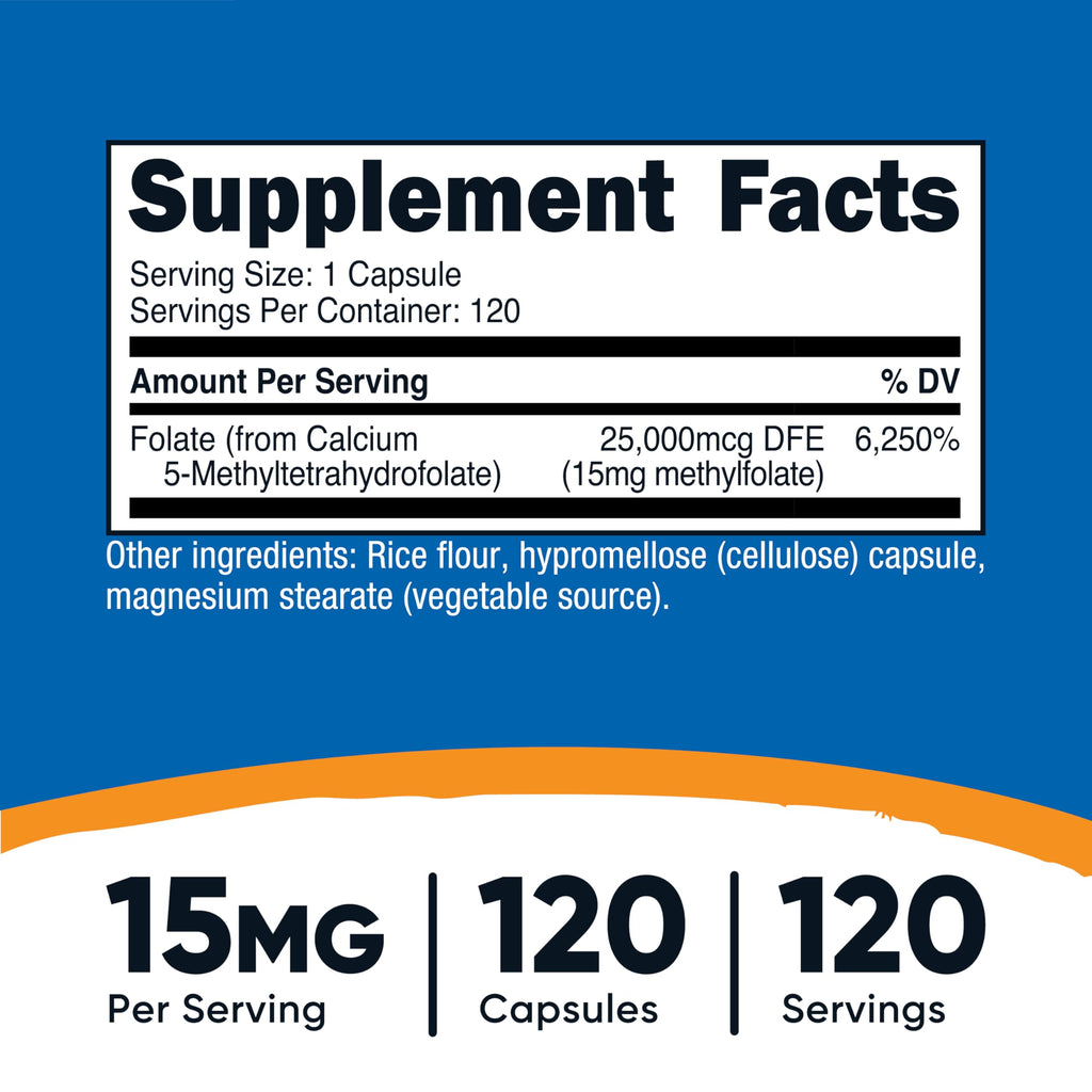 Nutricost L-Methylfolate 15mg, 120 Capsules (5-MTHF) Gluten-Free, Vegan | GMO-Free