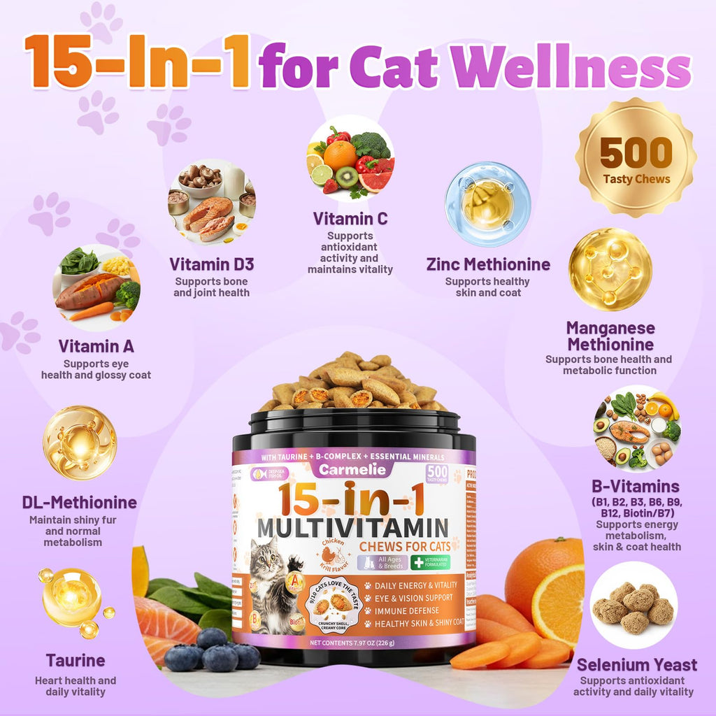 Carmelie Taurine for Cats Vitamins Treats, 15 in 1 Cat Multivitamin, 500 Ct