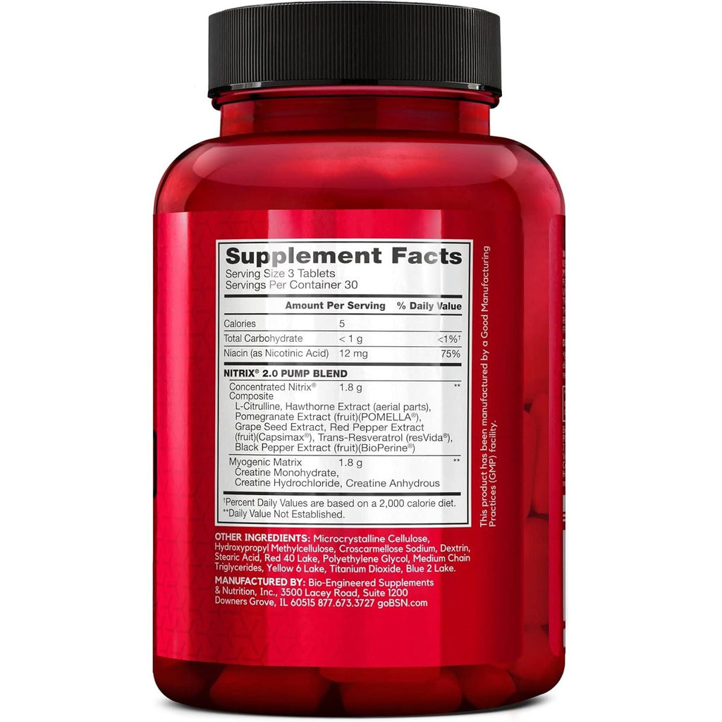 Buy now BSN NITRIX 2.0, Workout Supplement, Nitric Oxide Precursors, 3g Creatine, 3g L Citrulline, L-Citrulline, Supports Workout Performance, Pumps, Muscle Recovery and Endurance, 90 Tablets, 30 Servings at indiglob india