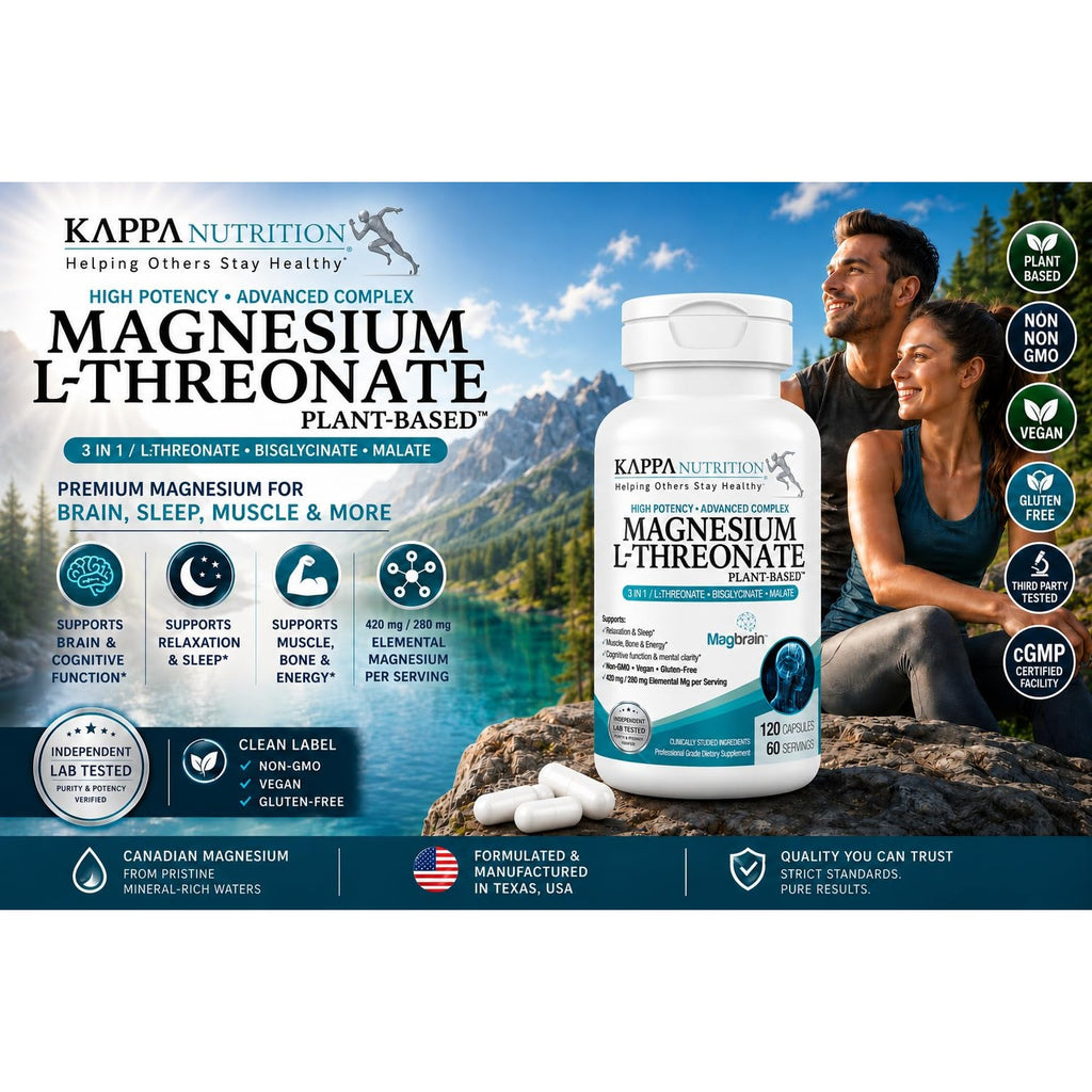 Kappa Nutrition Powered by Magbrain™ Magnesium L-Threonate Plant-Based, 420mg Elemental Magnesium (3 Capsules) from 2,253mg, 120 Vegan Capsules, Brain, Sleep & Muscle Support.
