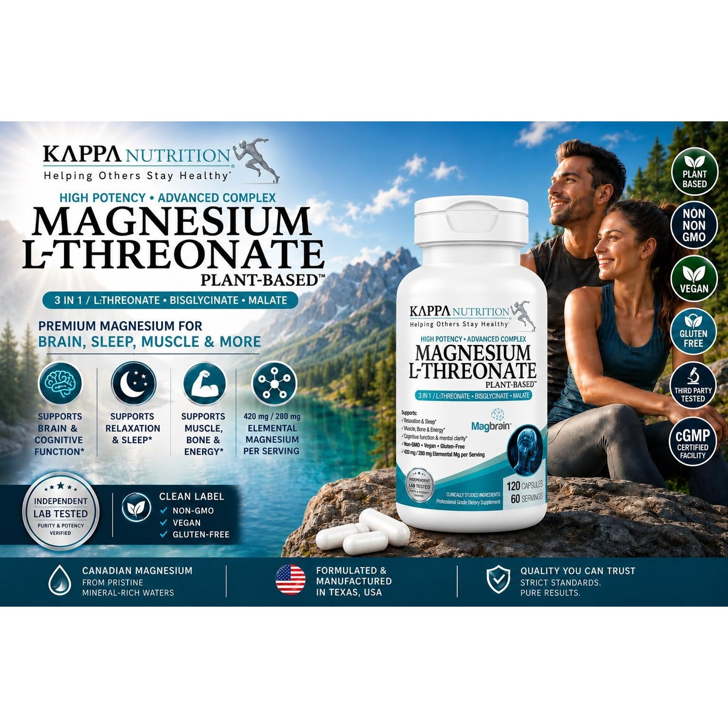 Kappa Nutrition Powered by Magbrain™ Magnesium L-Threonate Plant-Based, 420mg Elemental Magnesium (3 Capsules) from 2,253mg, 120 Vegan Capsules, Brain, Sleep & Muscle Support.