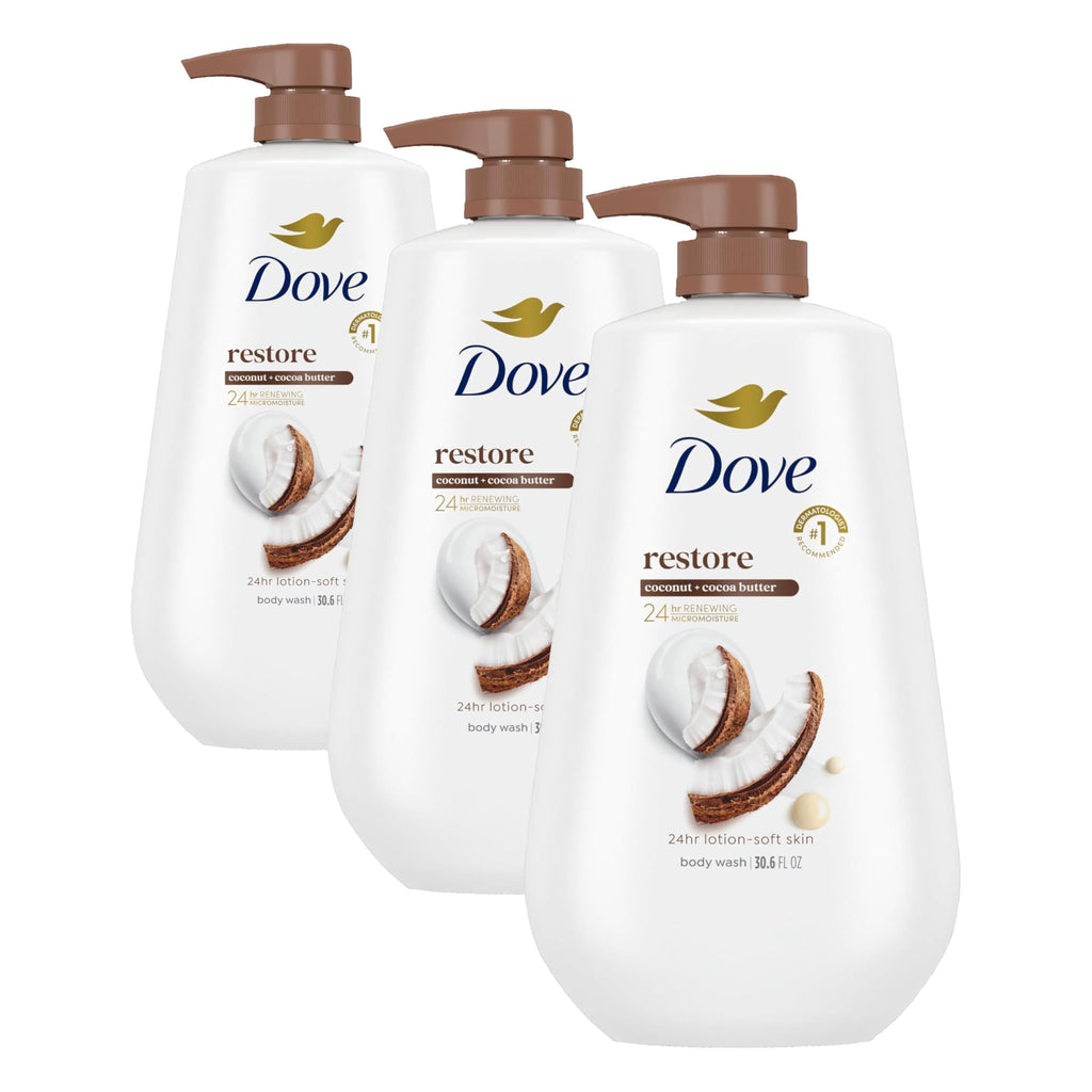 Dove Body Wash Restore Coconut & Cocoa Butter 30.6 oz Pump, Sulfate Free | Dove Coconut & Cocoa Butter Body Wash nourishes dry skin with creamy coconut scent and MicroMoisture technology.