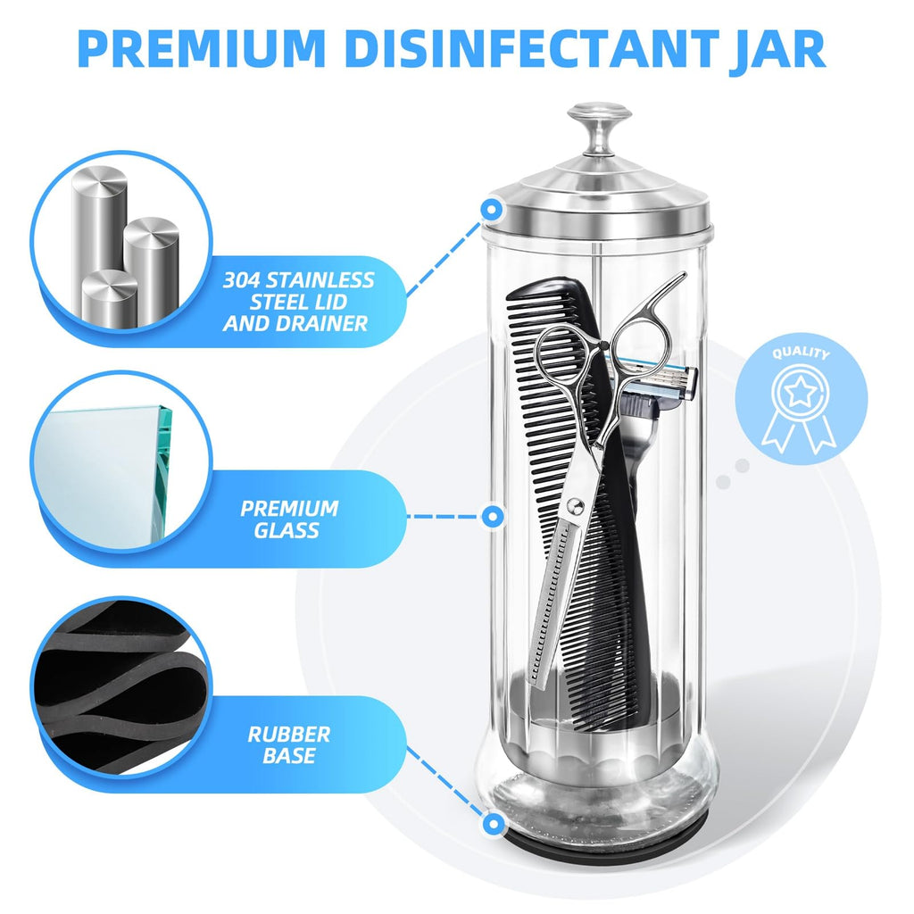 Glass Disinfectant Jar with anti-slip pad 53 Oz/1500ML, Barber Disinfectant Jar With Removable Basket, Large Sterilizing for Manicure & Pedicure Implements Stainless Steel 11.7"H x 3.8"W