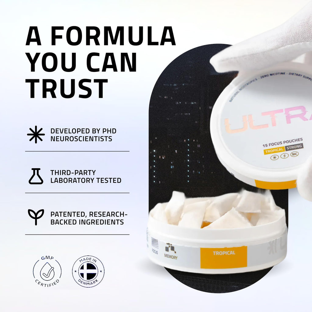 Ultra Focus Pouches (Variety Pack, 3 Cans) Nicotine and Caffeine Free | Nootropic, Enfinity Paraxanthine, Vitamin B6 + B12, L-Theanine, Alpha-GPC, Ginseng, Plant-Based Energy Pouches