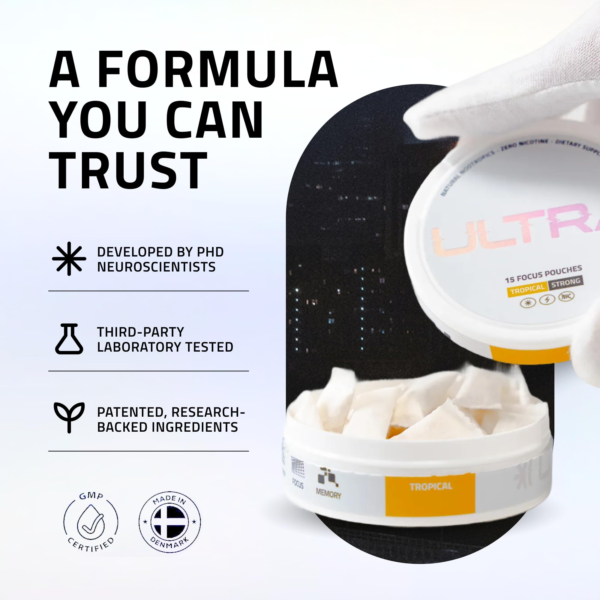 Ultra Focus Pouches (Variety Pack, 3 Cans) Nicotine and Caffeine Free | Nootropic, Enfinity Paraxanthine, Vitamin B6 + B12, L-Theanine, Alpha-GPC, Ginseng, Plant-Based Energy Pouches