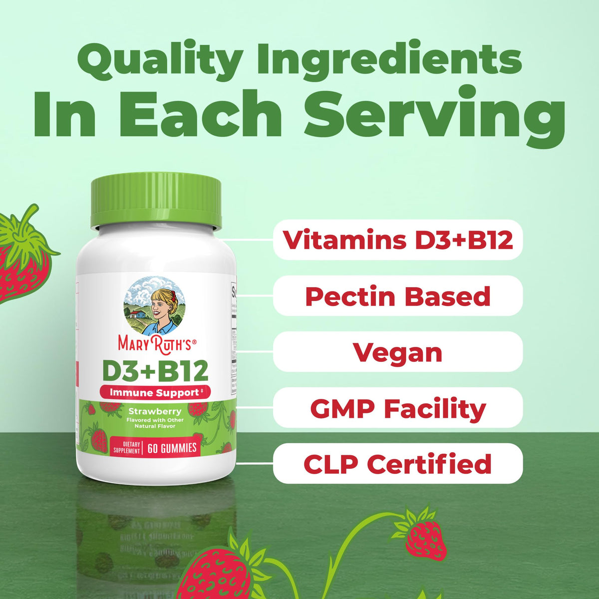 MARYRUTH'S Vitamin D3 + B12 Gummies for Ages 4+, Bone Health, 60 Servings