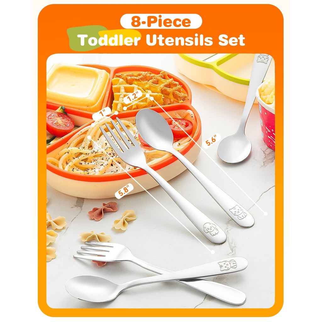 8-Piece Toddler Utensils Set, Food Grade Stainless Steel Kids Silverware Set Including Forks and Spoons, Child-Sized, Dishwasher Safe