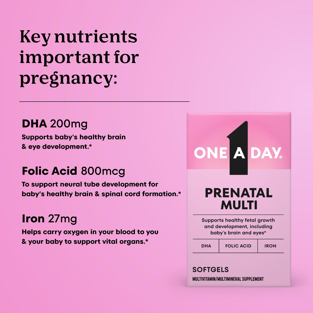One A Day Prenatal Vitamins- Folic Acid, Iron, Omega- 3 (DHA), Pregnancy Vitamins for Women, Prenatal Multivitamin for Mom and Baby Support, Pregnancy Must Haves 30 Ct (Packaging May Vary)