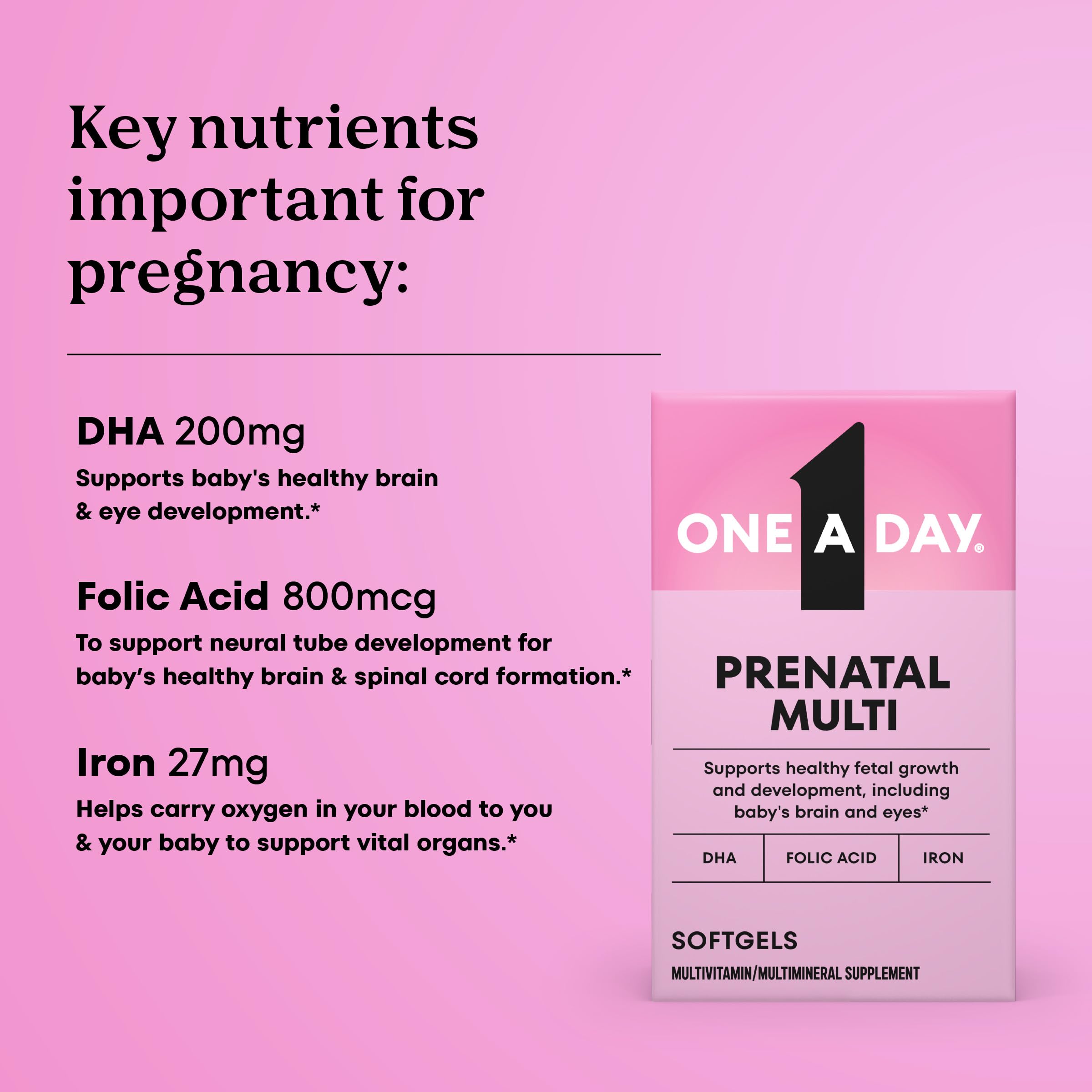 One A Day Prenatal Vitamins- Folic Acid, Iron, Omega- 3 (DHA), Pregnancy Vitamins for Women, Prenatal Multivitamin for Mom and Baby Support, Pregnancy Must Haves 30 Ct (Packaging May Vary)