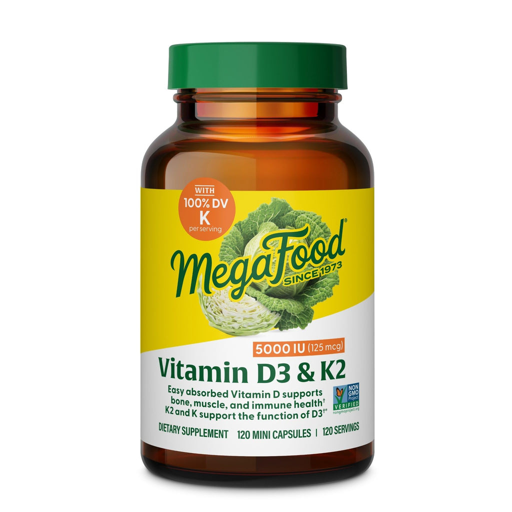 MegaFood Vitamin D3 & K2 5000 IU (125 mcg), 60 Mini Capsules | Supports Bone, Teeth, Muscle & Immune Health, Vitamin K2 & K Support the Function of D3, Non-GMO, Vegetarian, 60 Servings