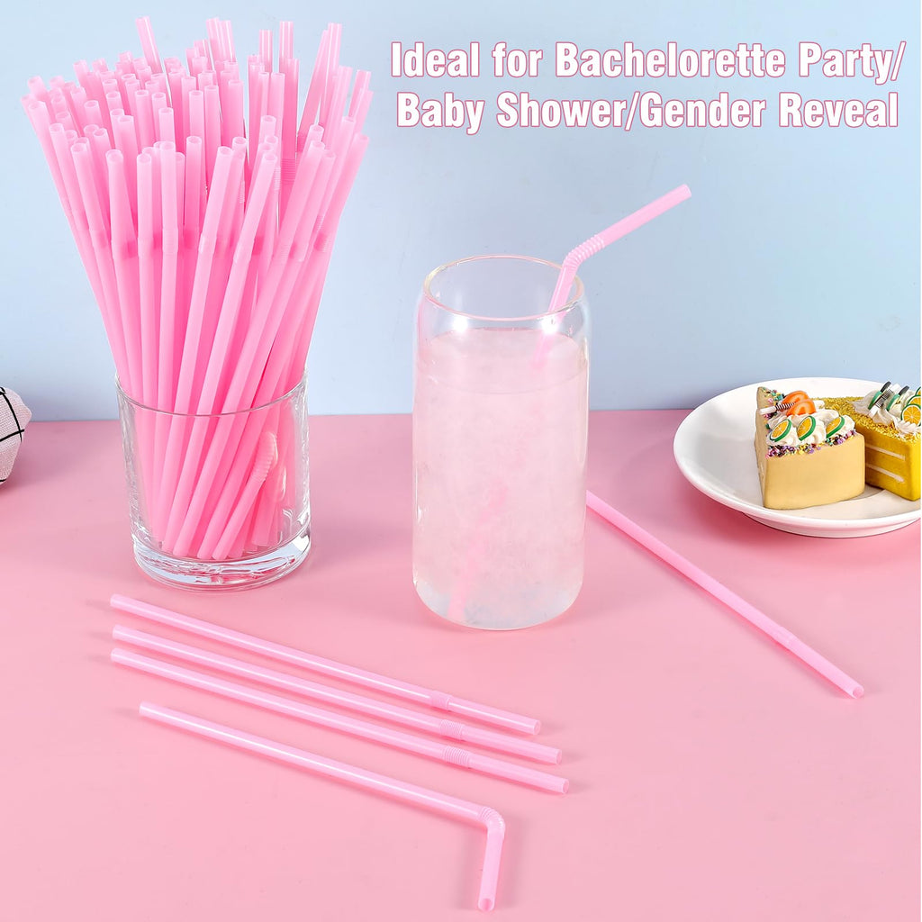 [100 Pcs] Pink Disposable Plastic Drinking Straws - 8.26" Long 0.24" Wide Cute Bendy Straws for Pink Birthday Party, Bachelorette Party, Bridal Shower, Baby Shower, Gender Reveal