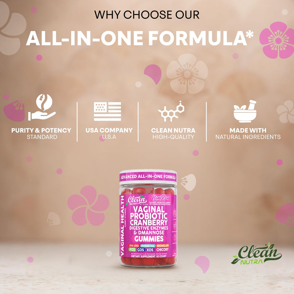 Clean Nutra Vaginal Probiotic Gummies for Women Cranberry Digestive Enzymes D Mannose Womens Probiotic Dmannose Horsetail Bromelain Chicory Fiber Feminine Care Prebiotics Inulin Papaya Enzyme Gummy