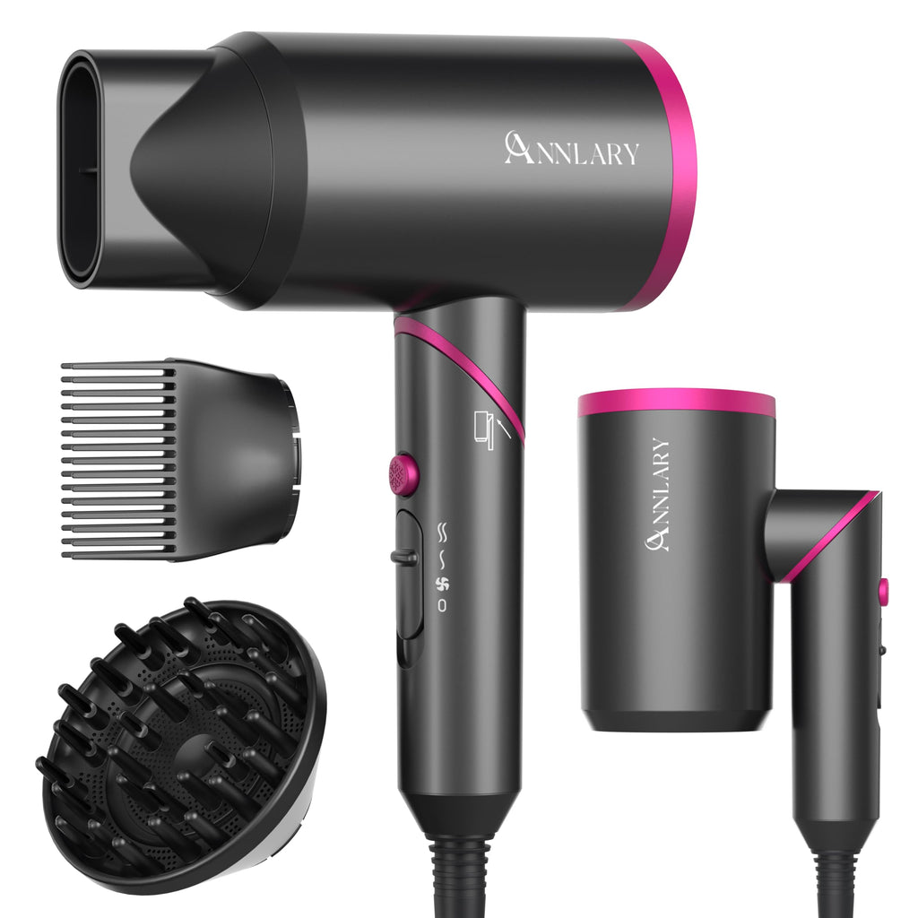 ANNLARY Hair Dryer with Comb, ANNLARY 1800W Blow Dryer with Diffuser for Curly Hair, Plasma Ionic Hair Dryer for Frizz Control, Foldable Portable Low Noise Hairdryer, 6.5 ft ALCI Cord （Pink）