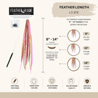 Elevate your look with 9”-14” authentic hair extensions, crafted from 100% genuine, hand-dyed feathers for a unique style.