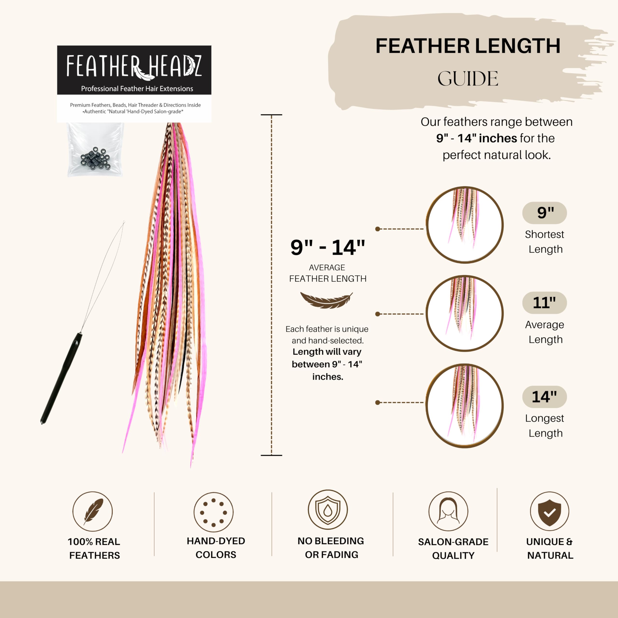 Elevate your look with 9”-14” authentic hair extensions, crafted from 100% genuine, hand-dyed feathers for a unique style.