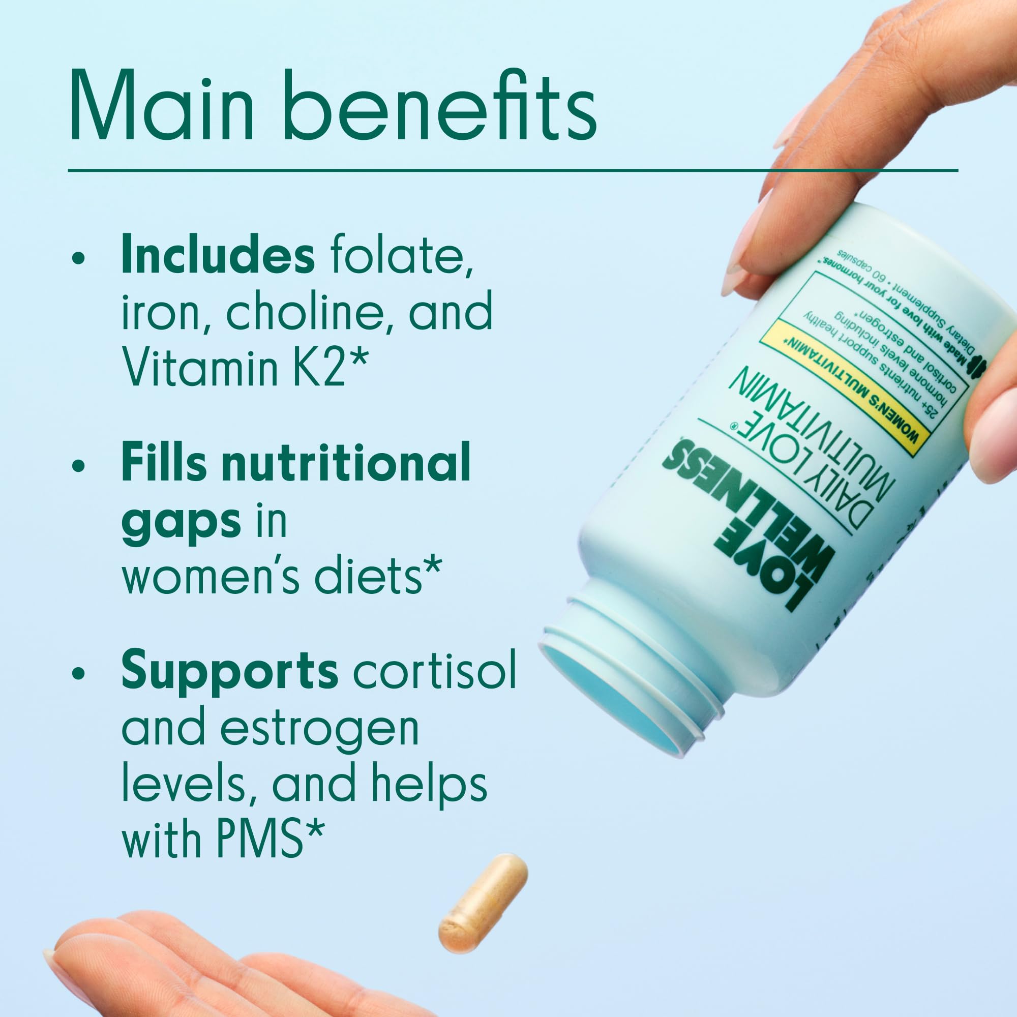 Love Wellness | Daily Love Multivitamin for Women | 30-Day Supply Capsules | Women's multivitamin, Contains Vitamin C, D, Iron, Calcium, Zinc, Biotin, Magnesium, 60 capsules, Easy to take